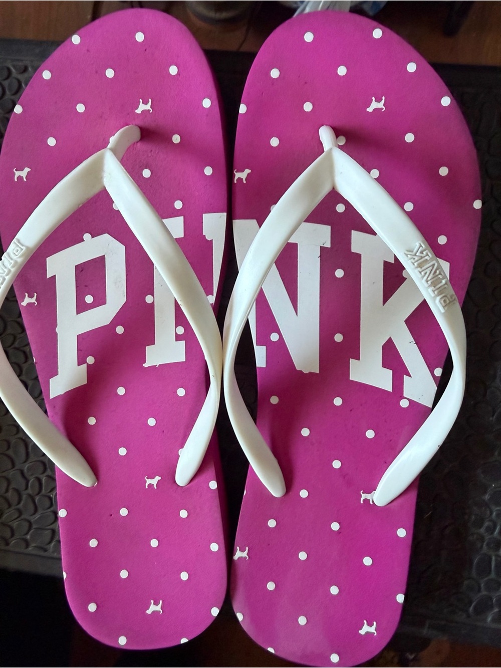 PINK Victoria's Secret Magenta Polka Dot Flip Flops with White Straps